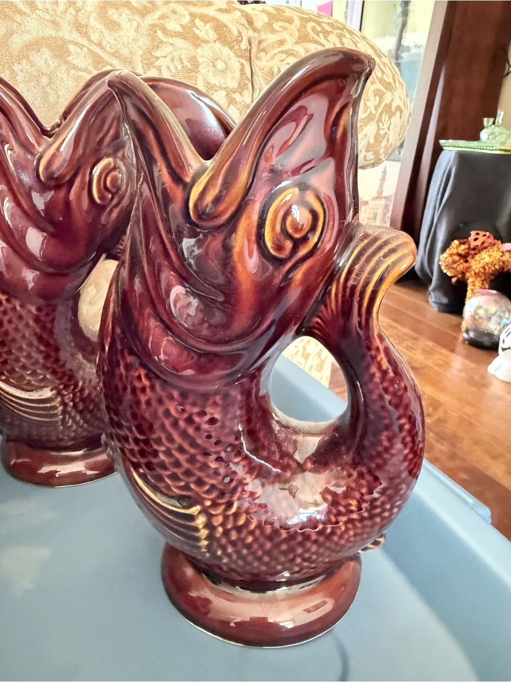 Vintage Dartmouth Brown Gurgling Fish Jug Large - Devon England water pitcher